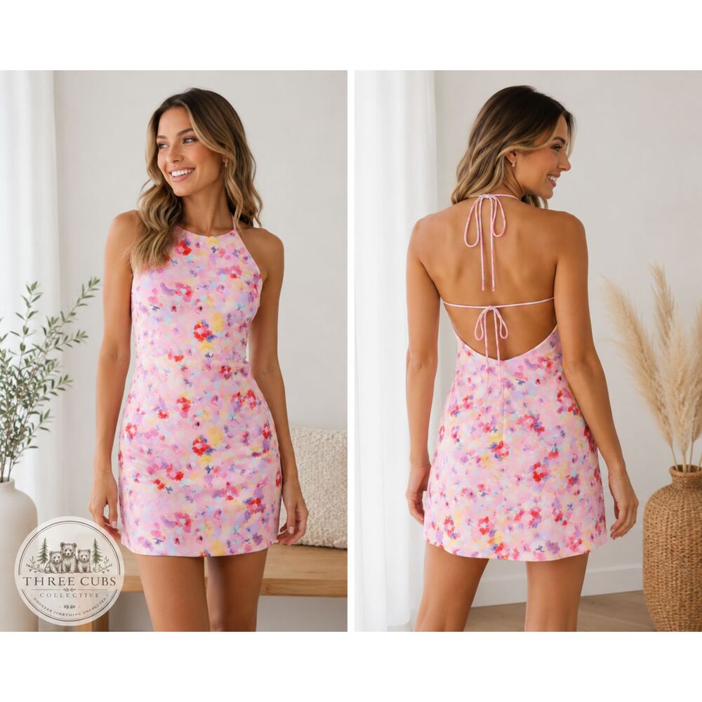 Lulus Glorious Vibes Pink Floral Tie Back Halter Mini Dress Medium NWT